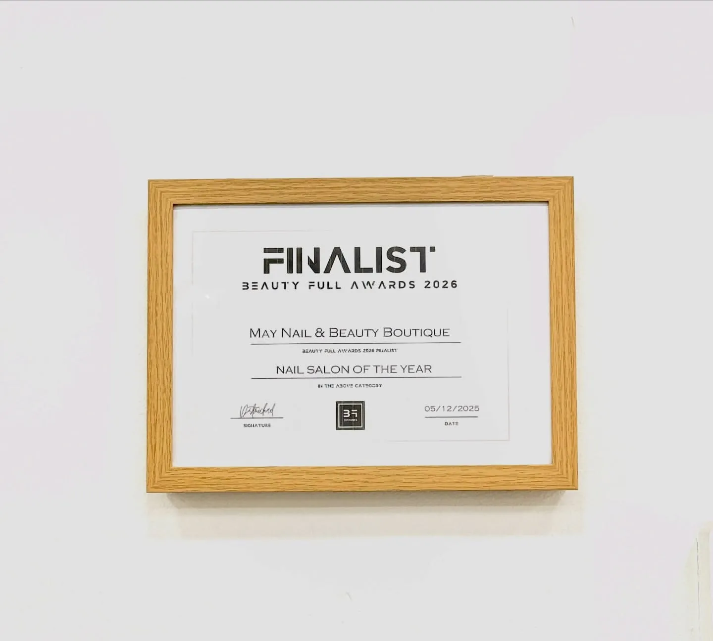 The Beauty Full Awards 2026 finalist certificate, Nail Salon of the Year