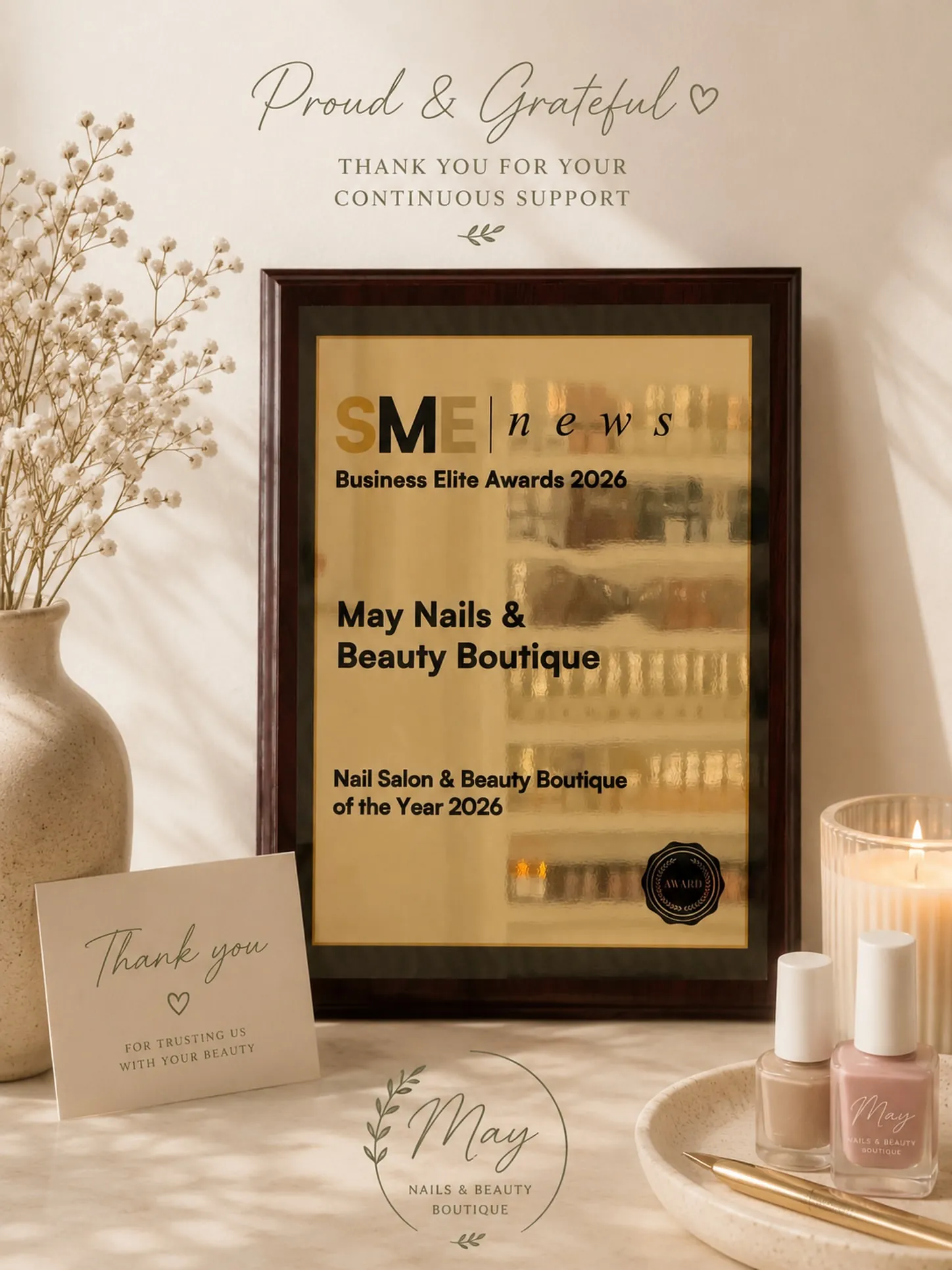 The SME News Business Elite Awards 2026 plaque for May Nails & Beauty Boutique
