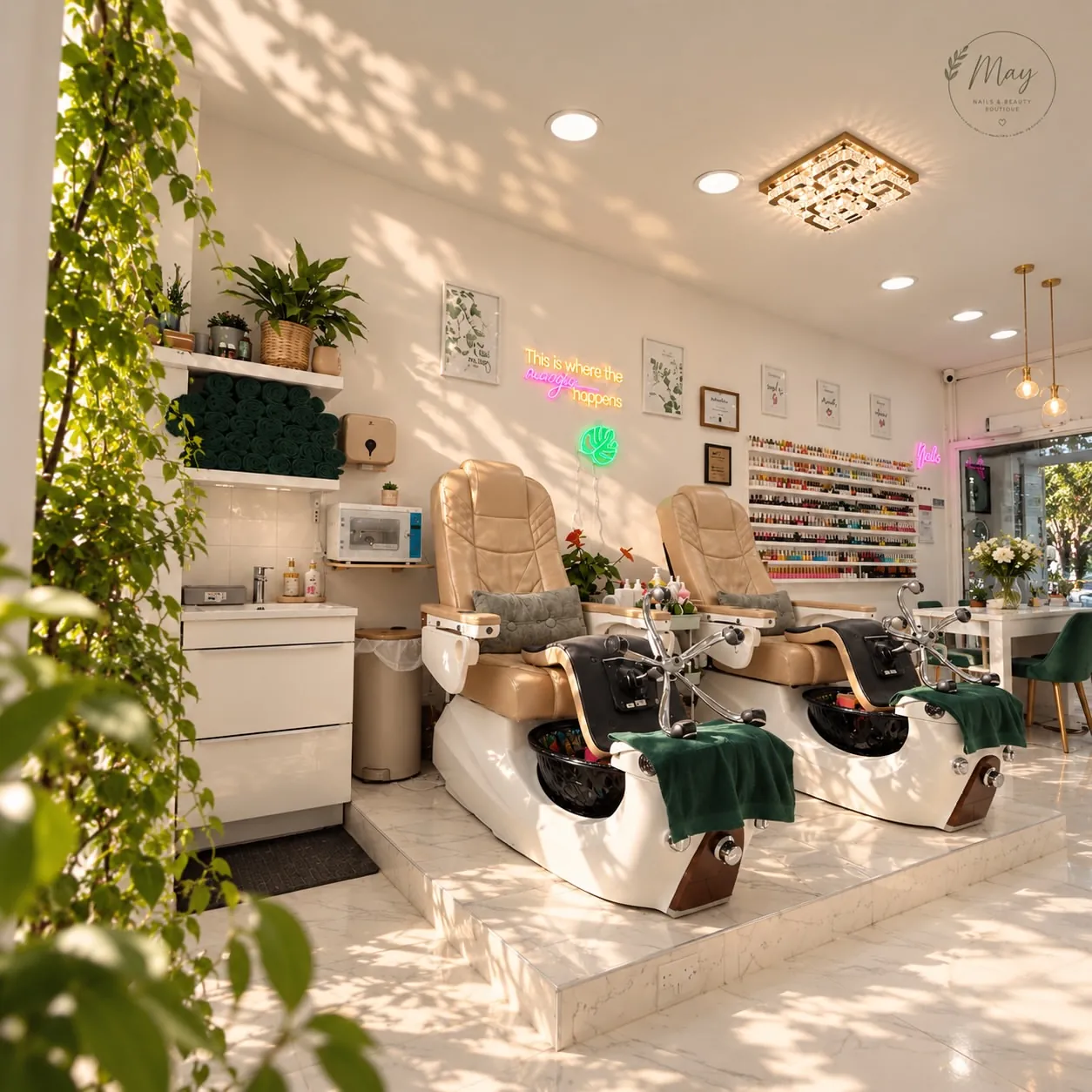 Inside the salon: sunlit pedicure chairs, plants and the polish wall